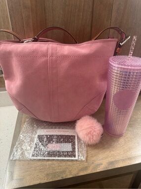 Coach Pink Suede Hobo Bag with Tassel
